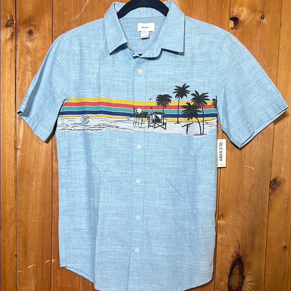 Old Navy Blue Button Down Shirt with Vintage Surf Vibes